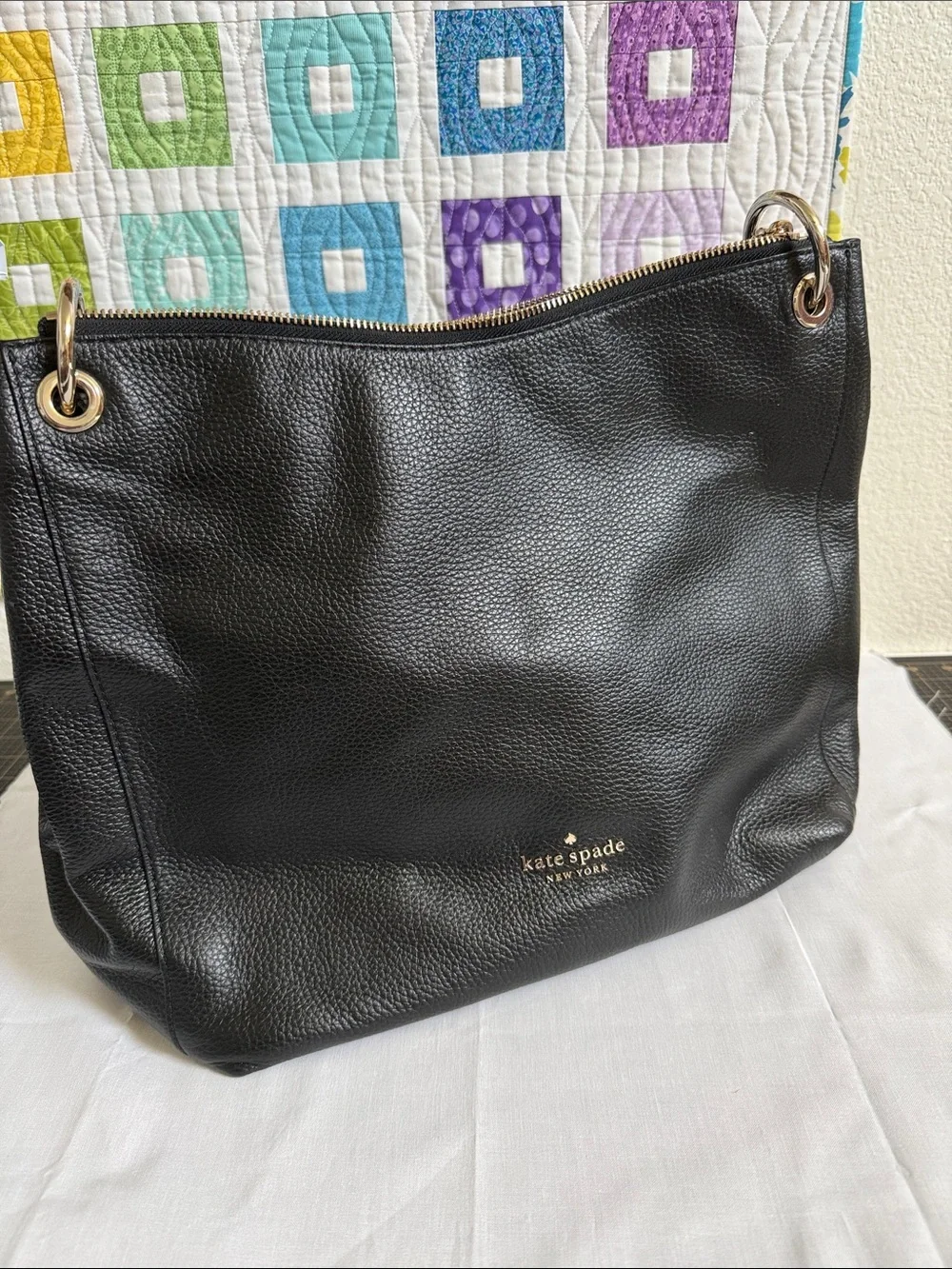 kate spade Black Pebbled Leather Shoulder Tote with Silver Hardware